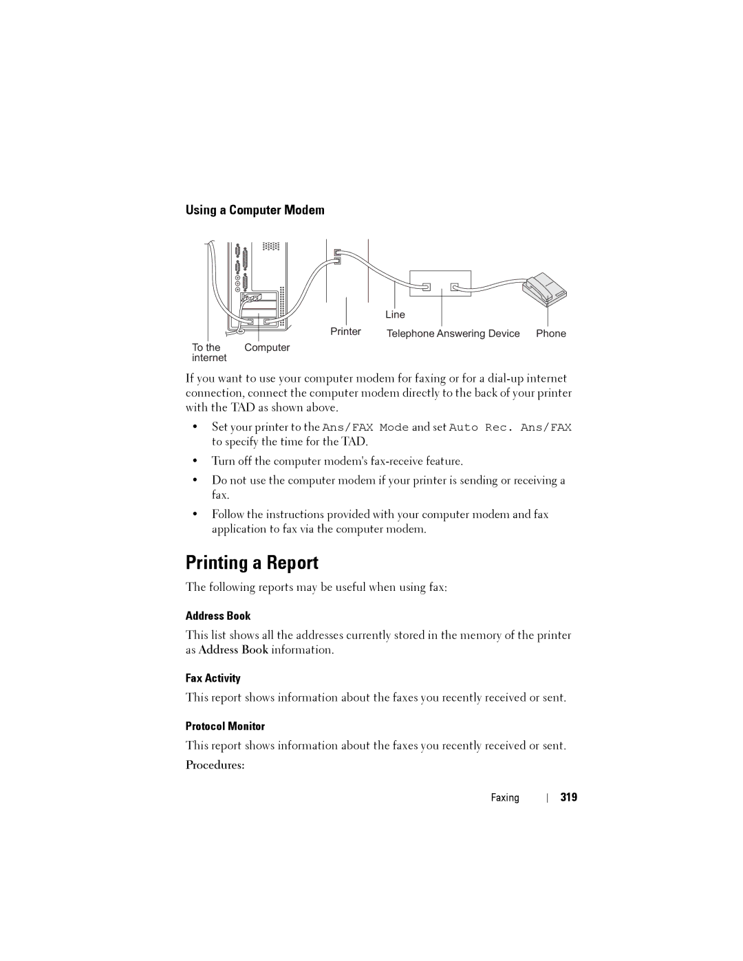 Dell 1355CN, 1355cnw manual Using a Computer Modem, Fax Activity, Protocol Monitor, Procedures, 319 