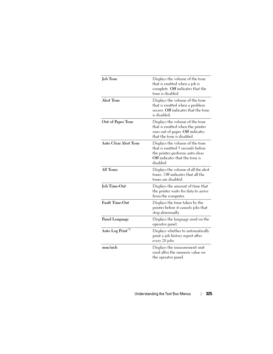 Dell 1355CN, 1355cnw manual 325, Out of Paper Tone, Auto Clear Alert Tone, Fault Time-Out, Auto Log Print*1 