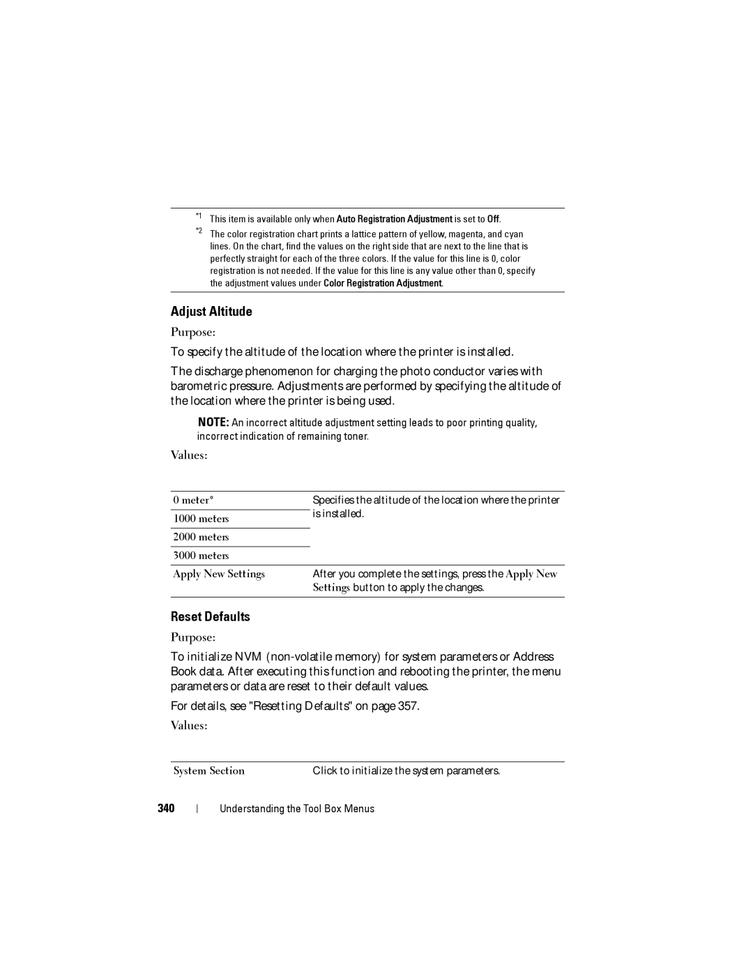 Dell 1355cnw, 1355CN manual Adjust Altitude, Reset Defaults, 340, System Section Click to initialize the system parameters 