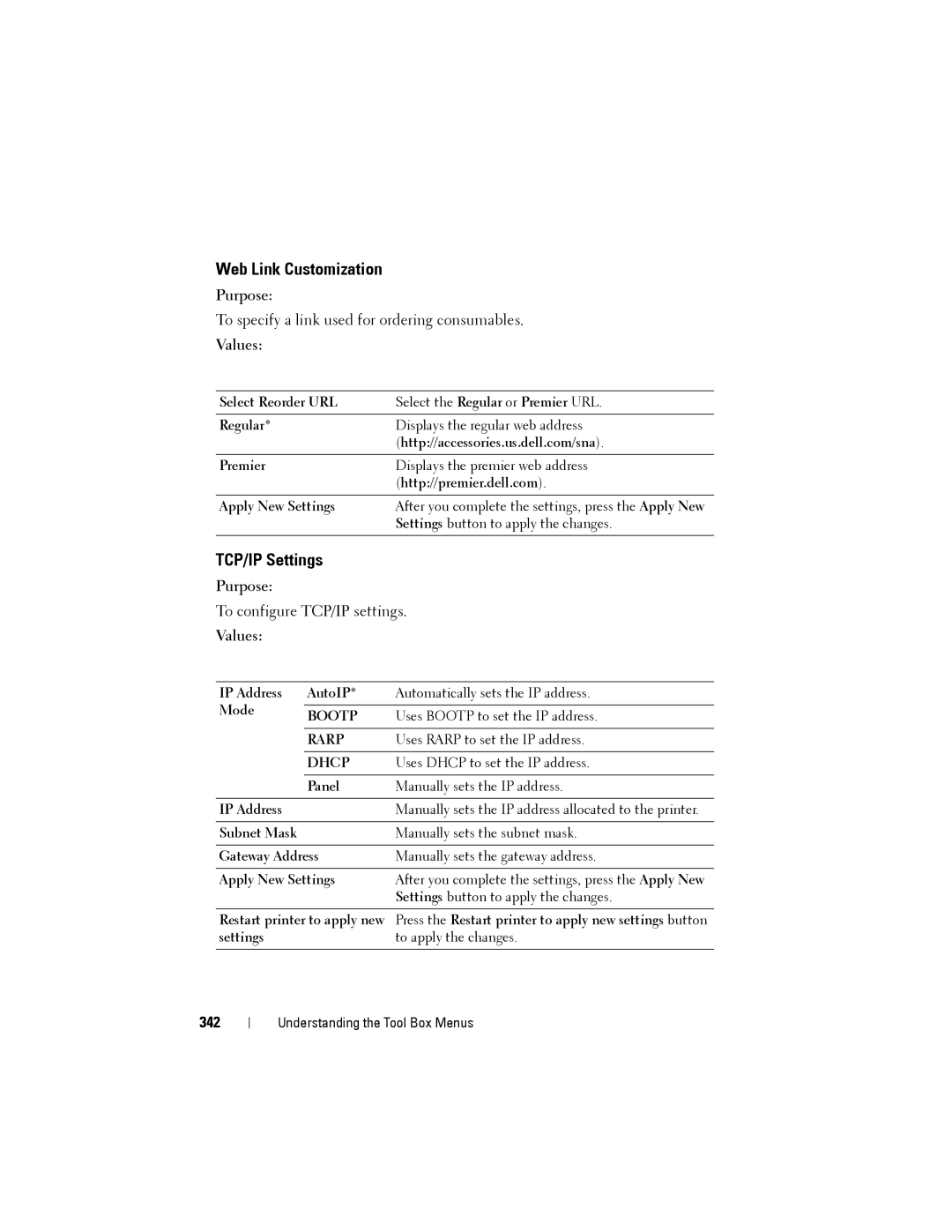 Dell 1355cnw, 1355CN manual Web Link Customization, 342 