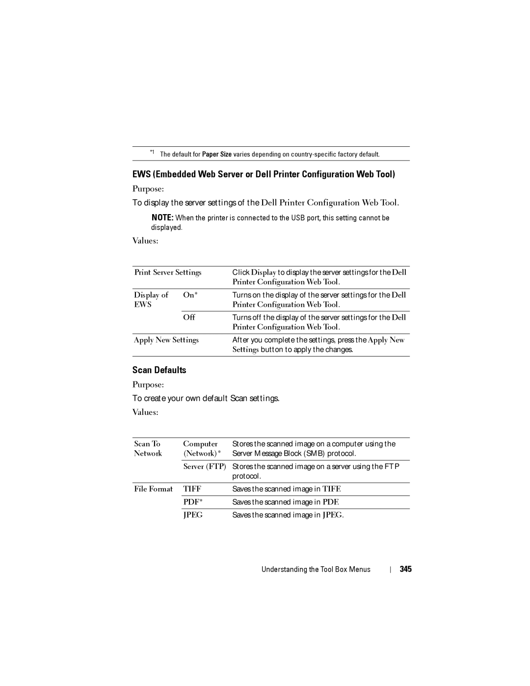 Dell 1355CN, 1355cnw manual Scan Defaults, 345, Saves the scanned image in Tiff, Saves the scanned image in Jpeg 