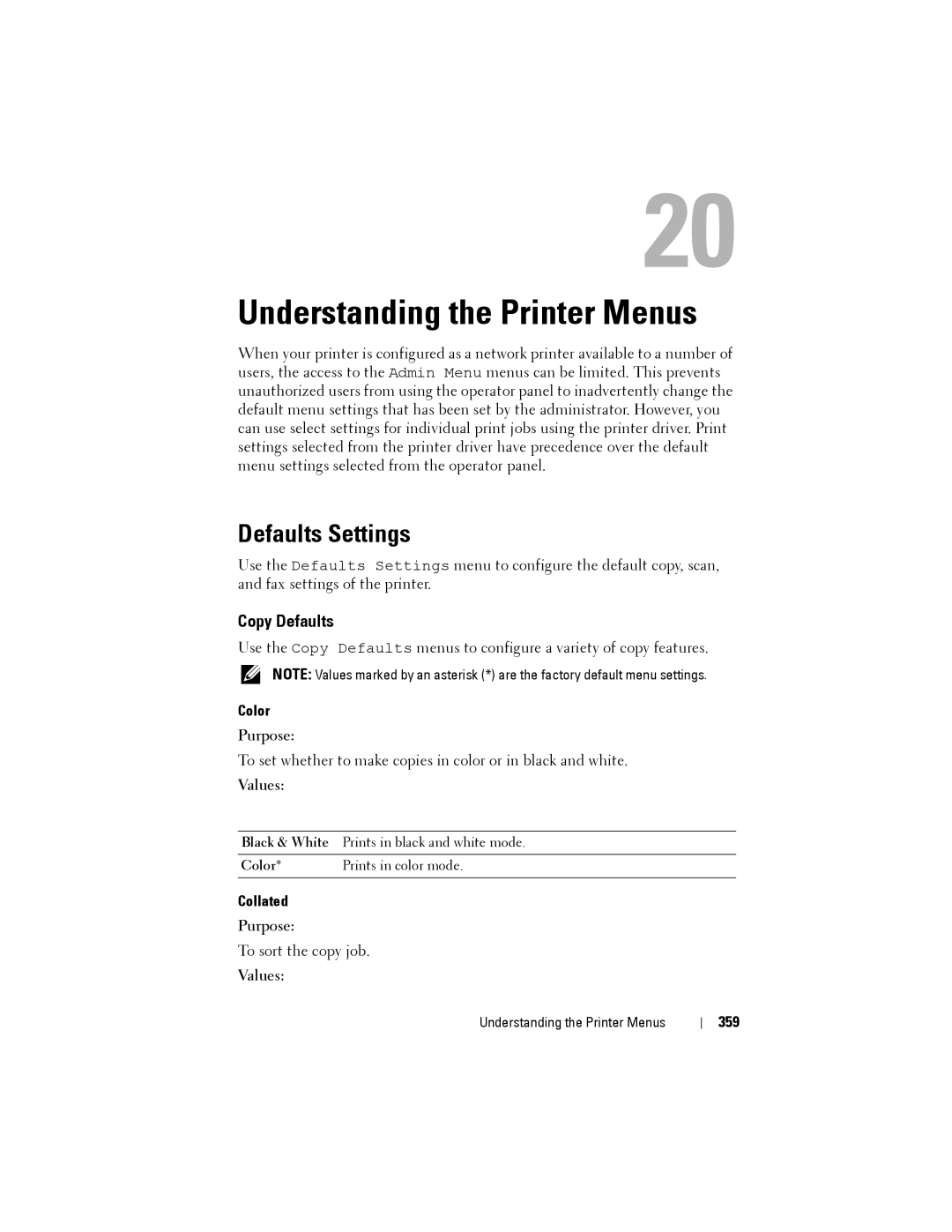 Dell 1355CN, 1355cnw manual Understanding the Printer Menus, Defaults Settings, Color, Collated, 359 