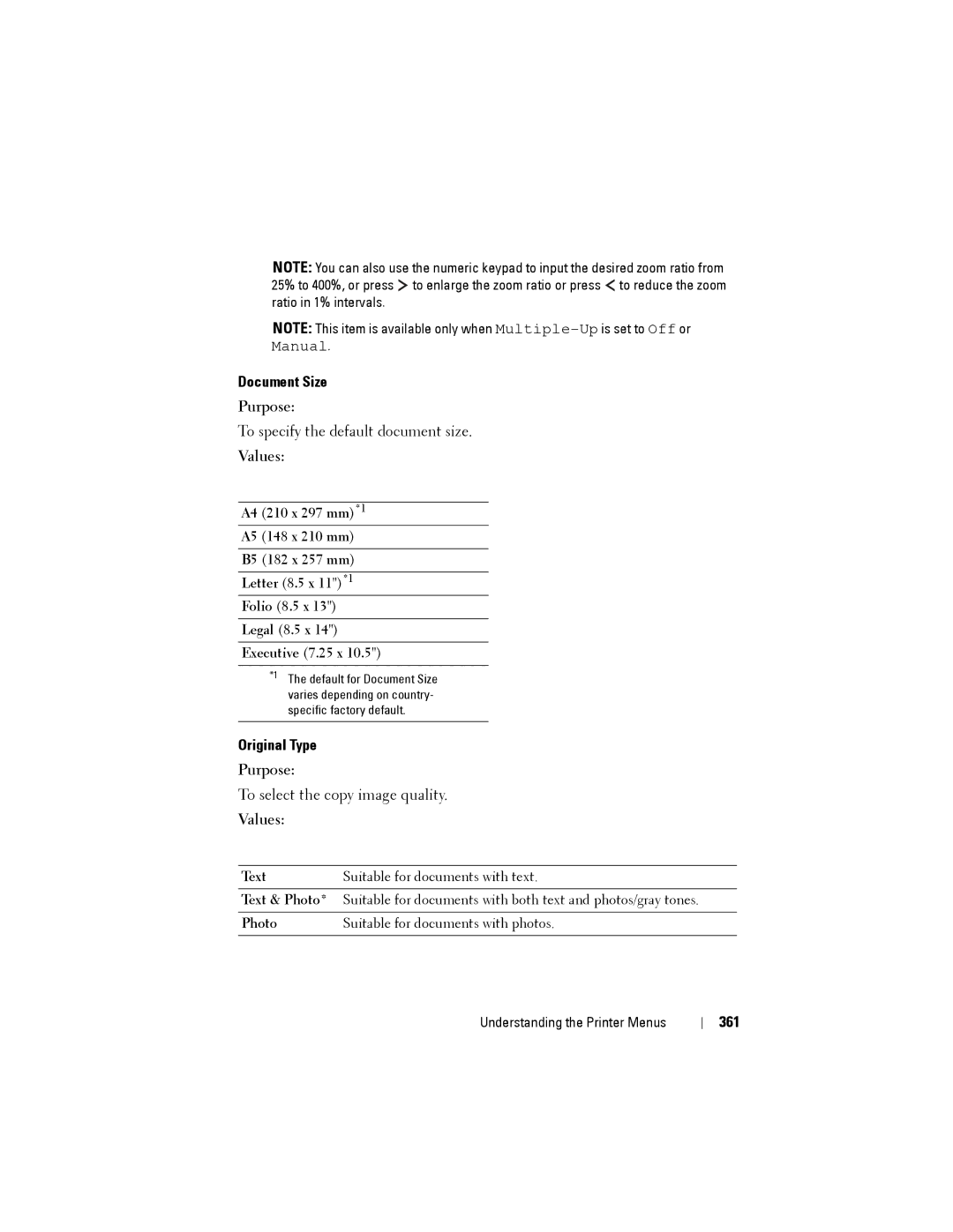 Dell 1355CN, 1355cnw manual Document Size, Original Type, 361 