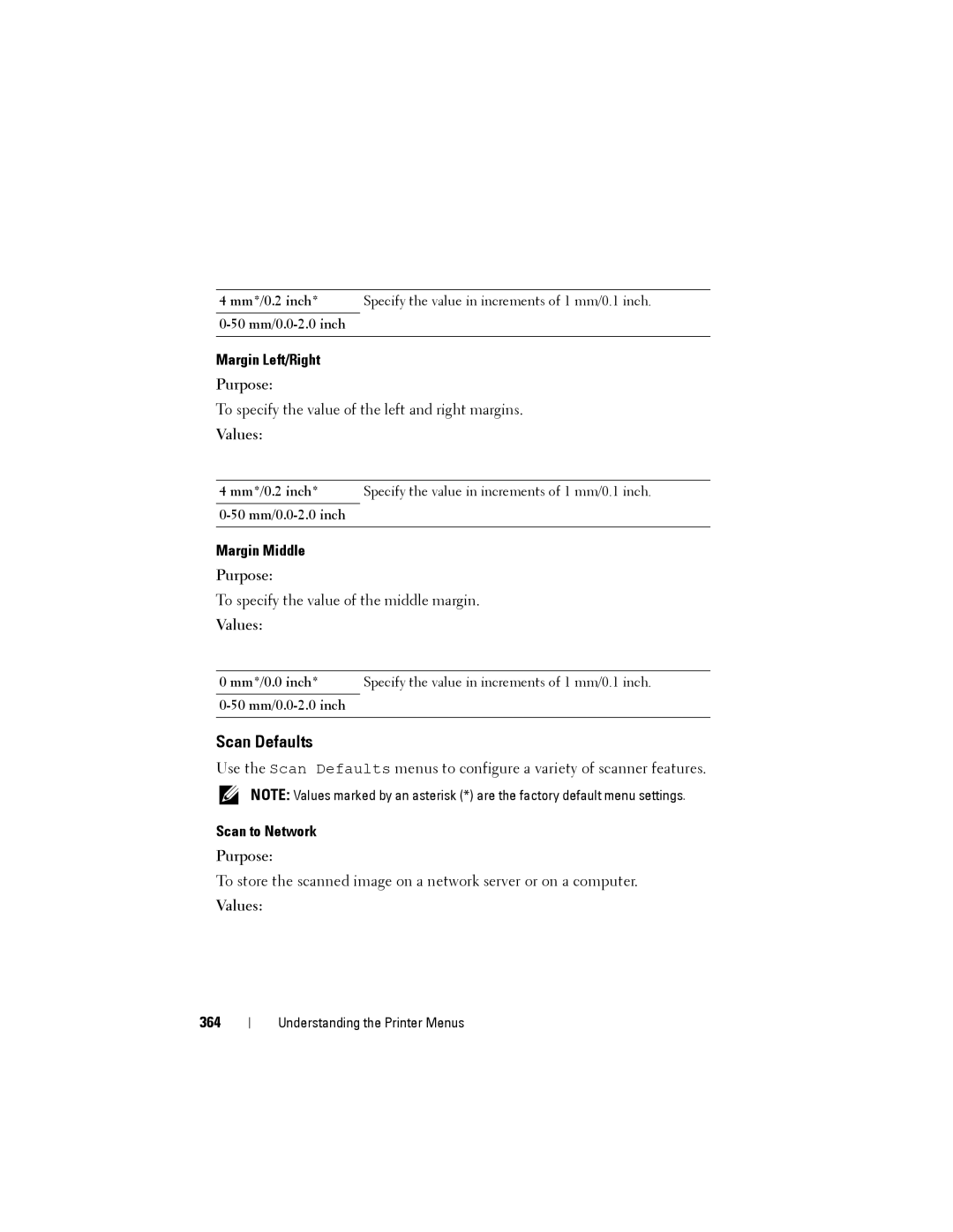 Dell 1355cnw, 1355CN manual Margin Left/Right, Margin Middle, Scan to Network, 364, 50 mm/0.0-2.0 inch 