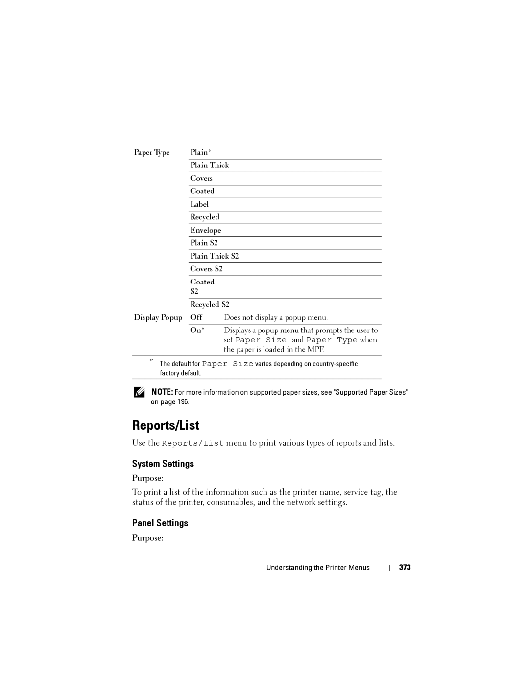 Dell 1355CN, 1355cnw manual Reports/List, Panel Settings, 373 