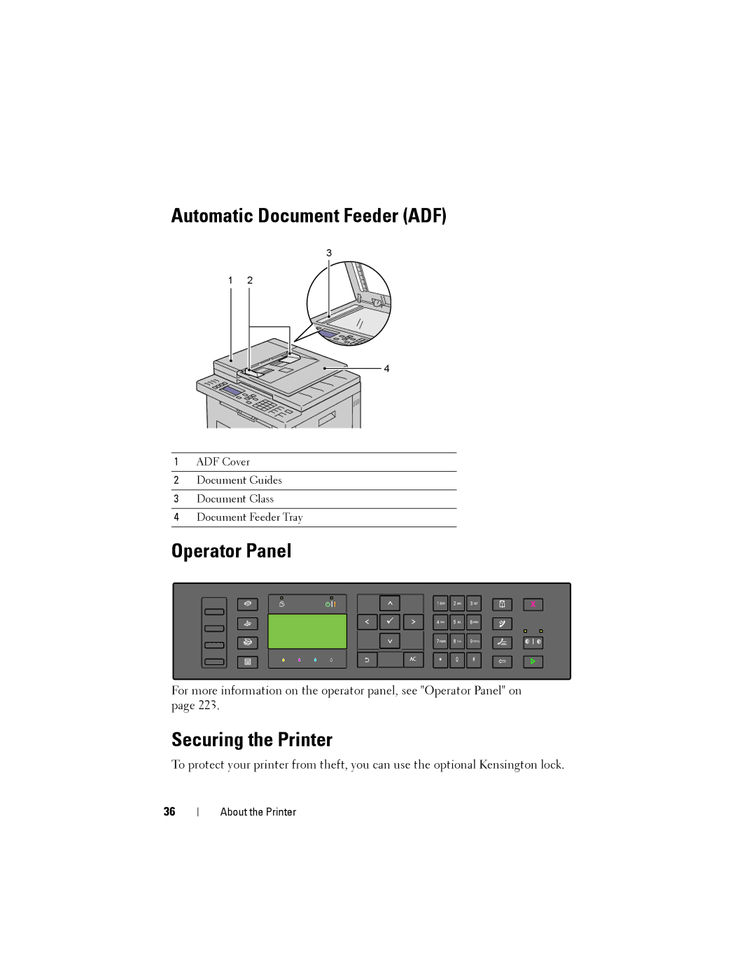 Dell 1355cnw, 1355CN manual Automatic Document Feeder ADF, Operator Panel, Securing the Printer 