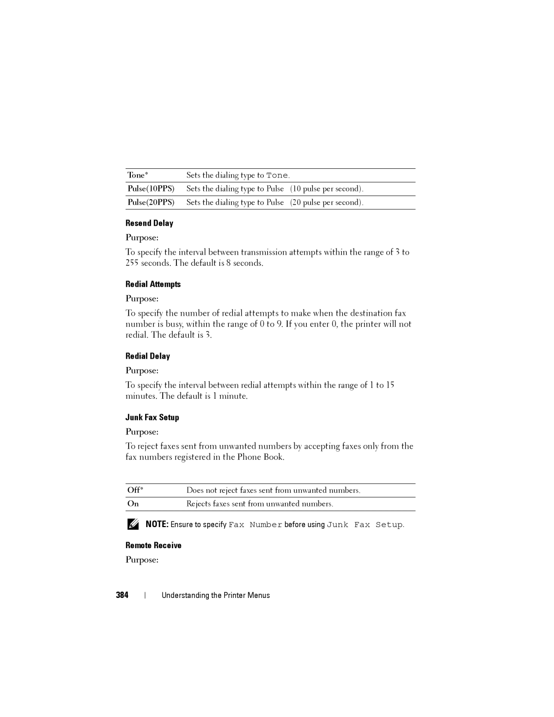 Dell 1355cnw, 1355CN manual Resend Delay, Redial Attempts, Redial Delay, Junk Fax Setup, Remote Receive, 384 