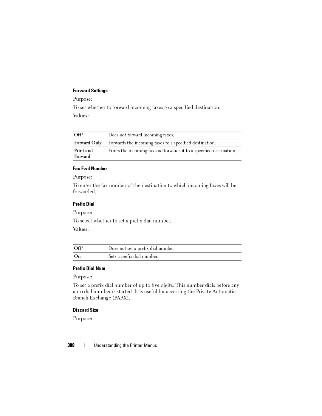 Dell 1355cnw, 1355CN manual Forward Settings, Fax Fwd Number, Prefix Dial Num, Discard Size, 388 