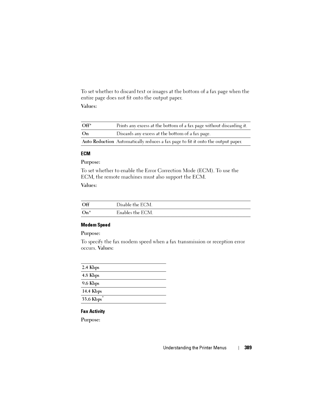 Dell 1355CN, 1355cnw manual Modem Speed, 389, Off Disable the ECM Enables the ECM, Kbps 