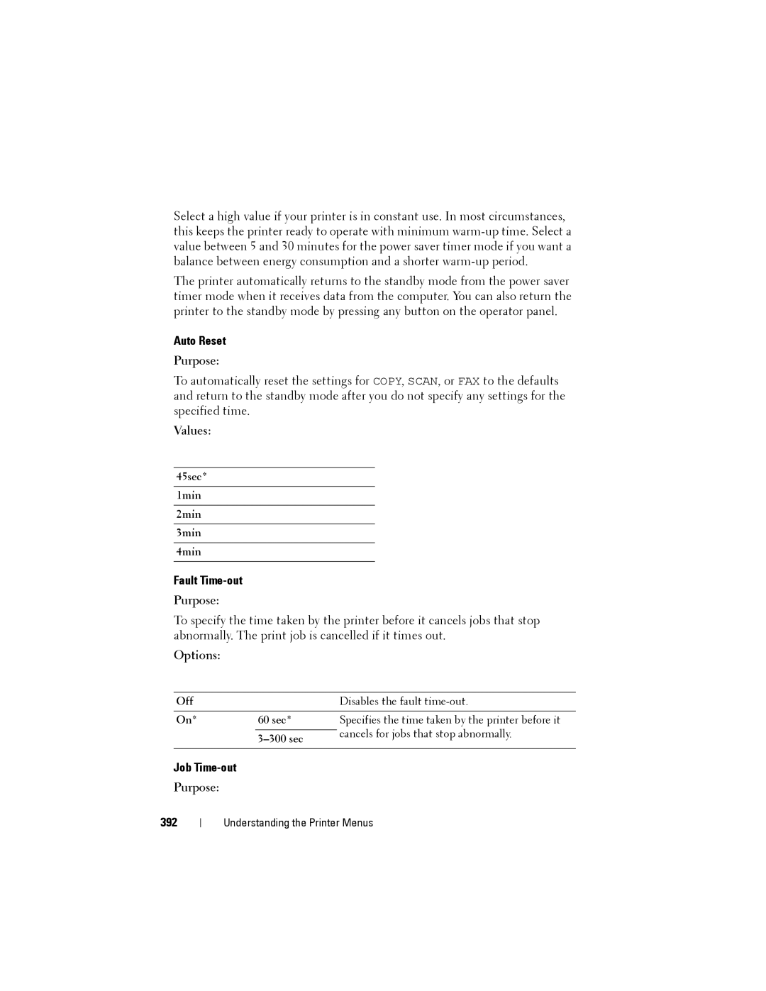 Dell 1355cnw, 1355CN manual Auto Reset, Fault Time-out, Job Time-out, 392, 45sec 1min 2min 3min 4min 