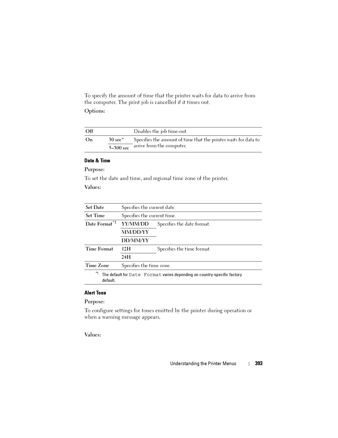 Dell 1355CN, 1355cnw manual Date & Time, Alert Tone, 393, Specifies the date format 