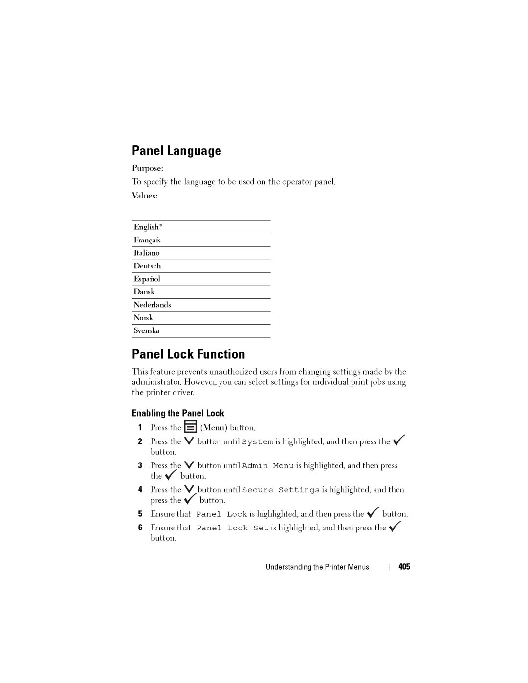 Dell 1355CN, 1355cnw manual Panel Language, Panel Lock Function, Enabling the Panel Lock, 405 