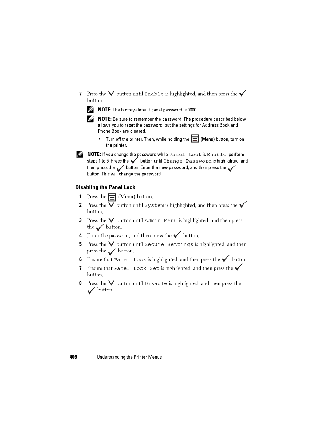 Dell 1355cnw, 1355CN manual Disabling the Panel Lock, 406 