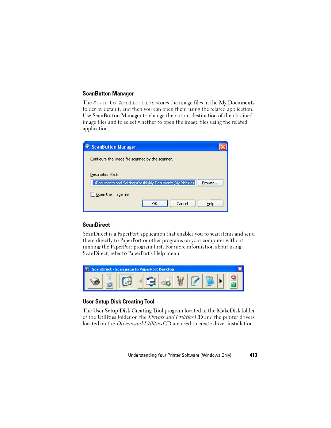 Dell 1355CN, 1355cnw manual ScanButton Manager, ScanDirect, User Setup Disk Creating Tool, 413 