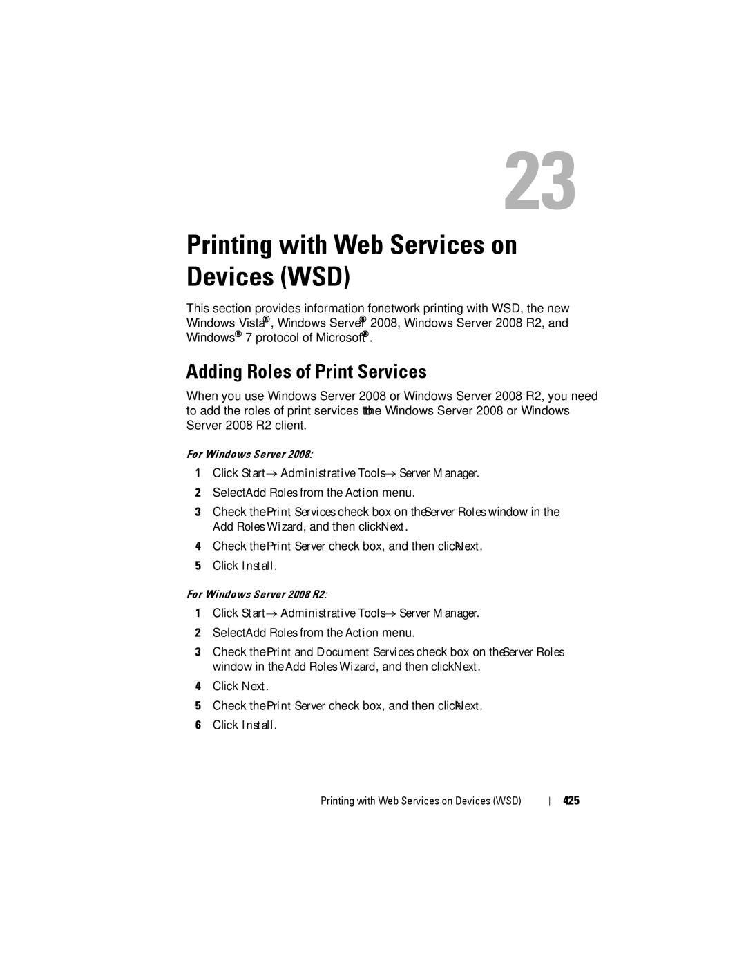 Dell 1355CN, 1355cnw manual Adding Roles of Print Services, Click Start→ Administrative Tools→ Server Manager, 425 