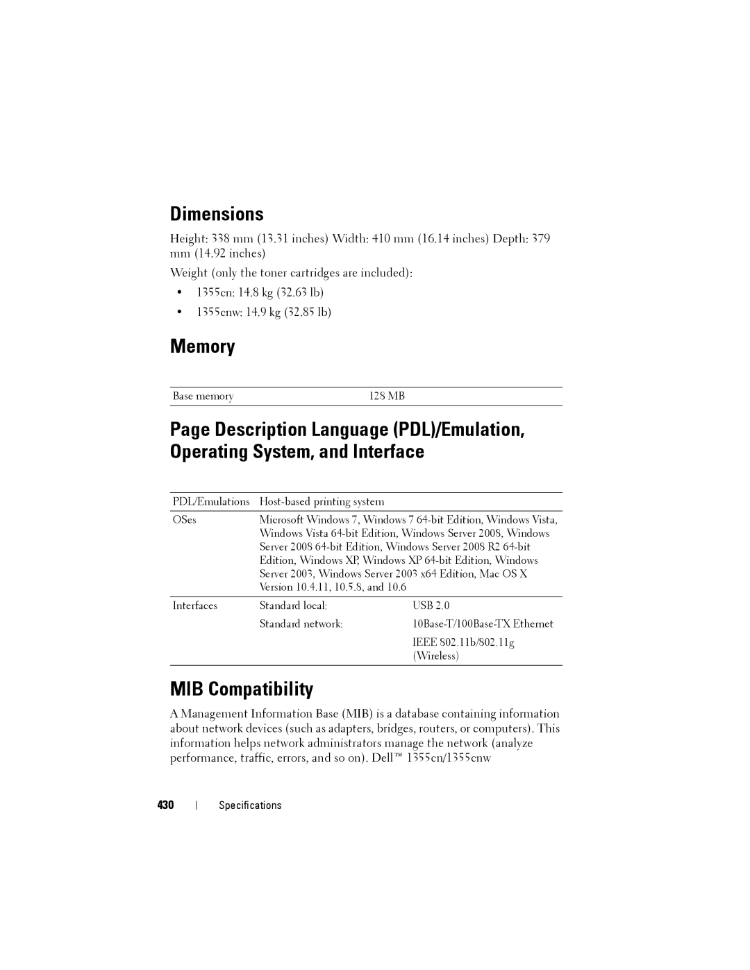 Dell 1355cnw, 1355CN manual Dimensions, Memory, MIB Compatibility, 430 
