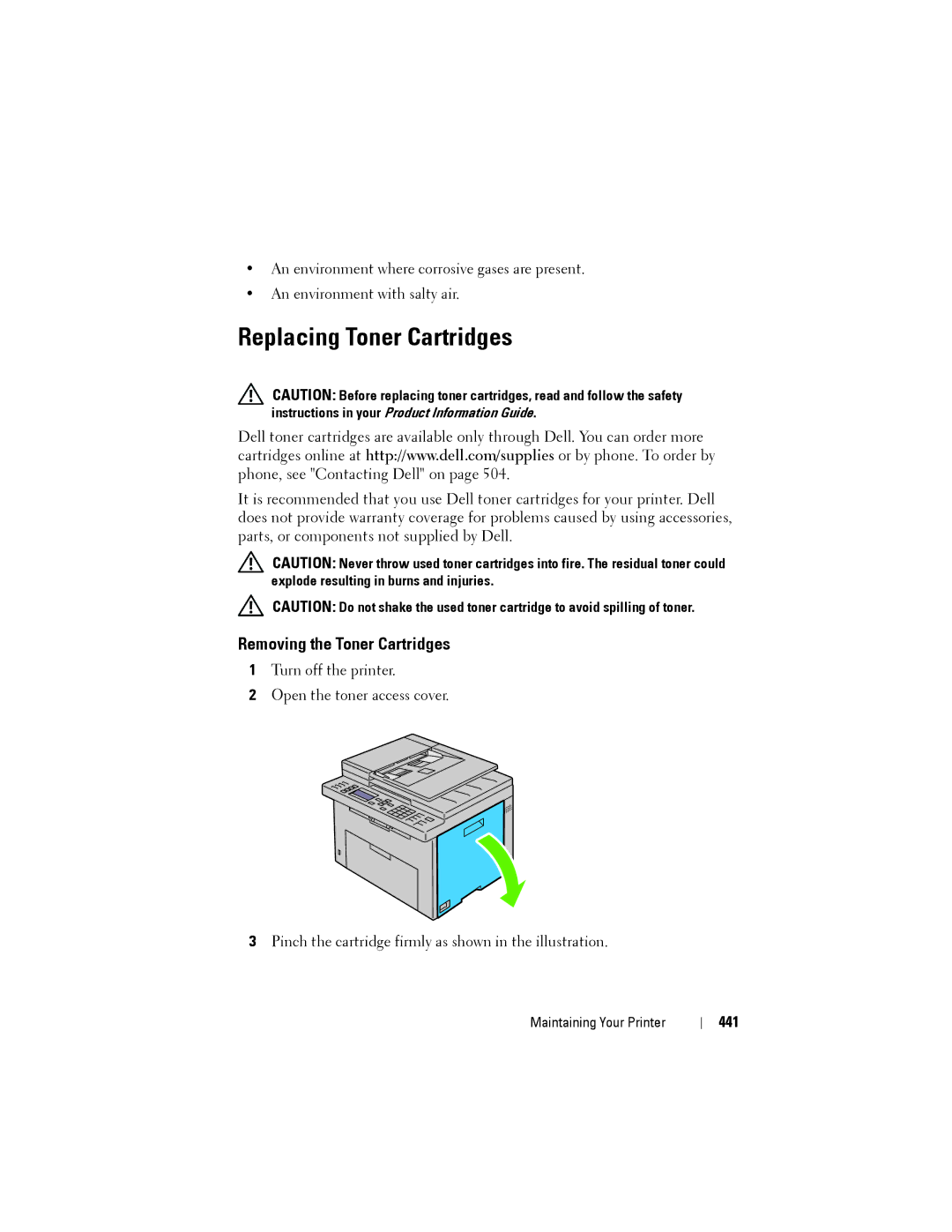 Dell 1355CN, 1355cnw manual Replacing Toner Cartridges, Removing the Toner Cartridges, 441 