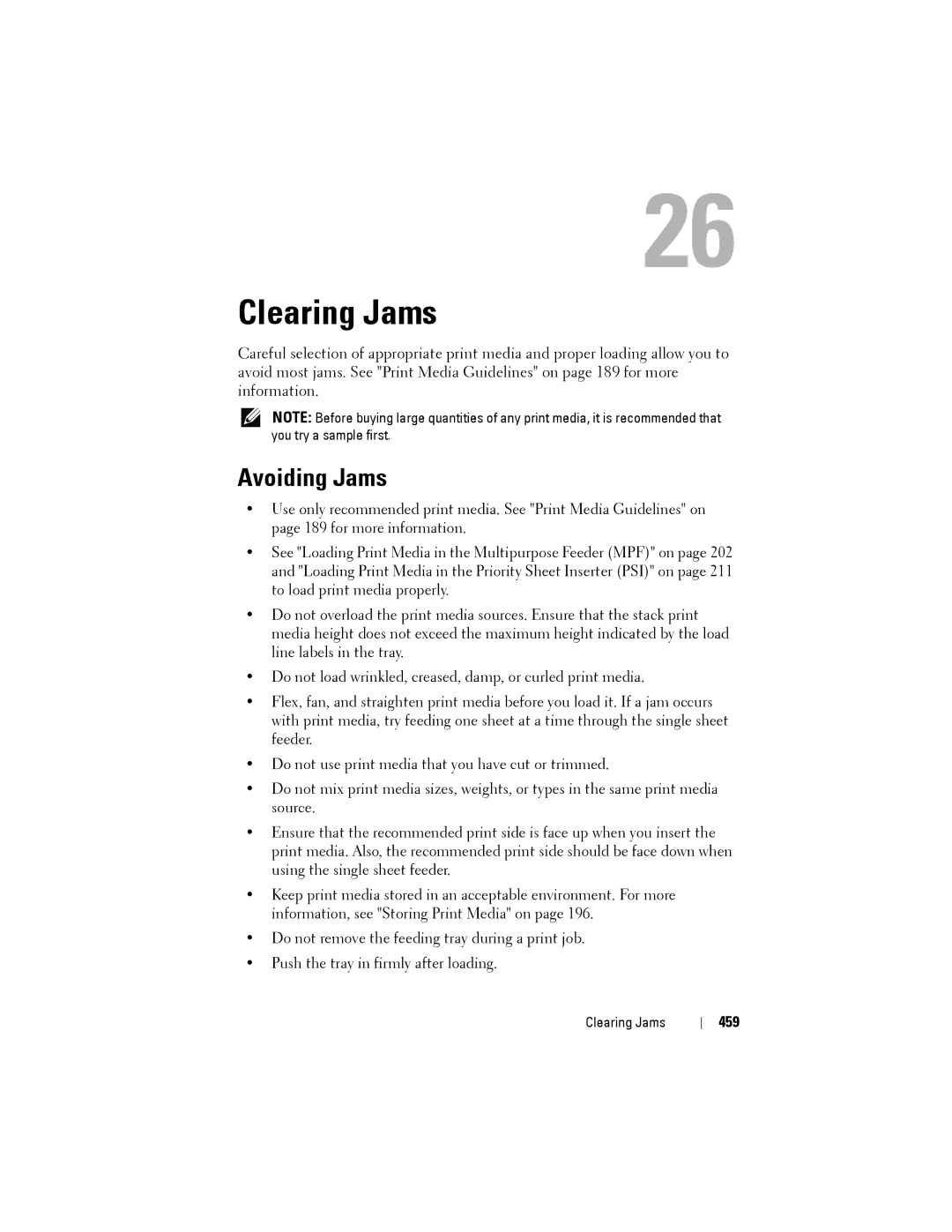 Dell 1355CN, 1355cnw manual Clearing Jams, Avoiding Jams, 459 