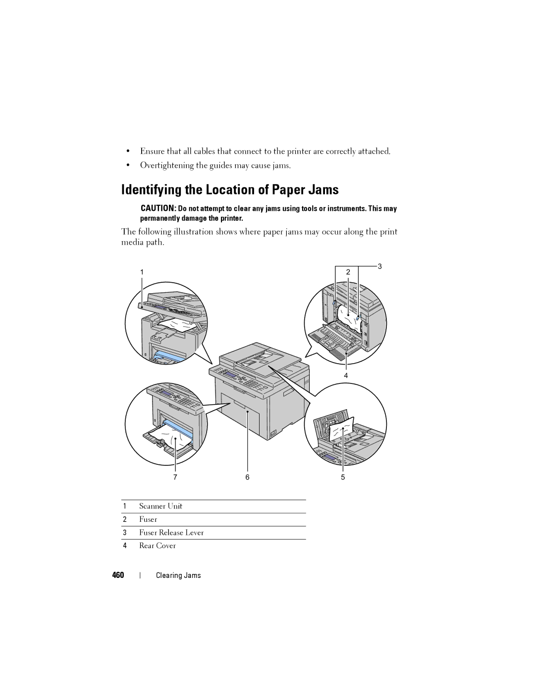 Dell 1355cnw, 1355CN manual Identifying the Location of Paper Jams, 460 