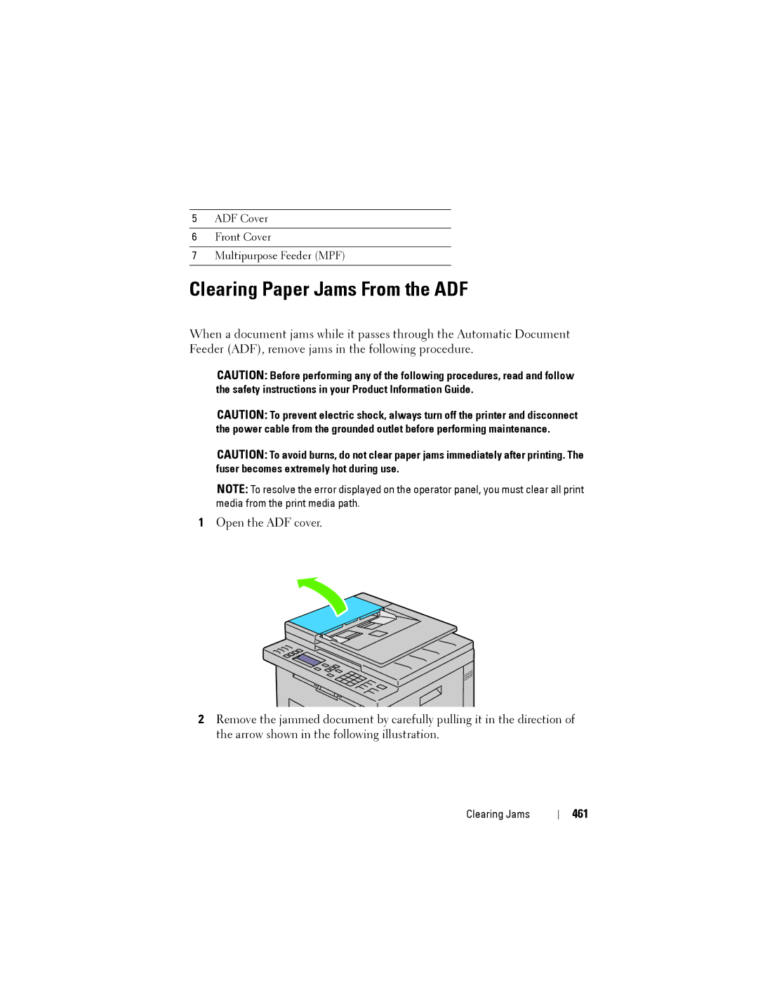 Dell 1355CN, 1355cnw manual Clearing Paper Jams From the ADF, 461 