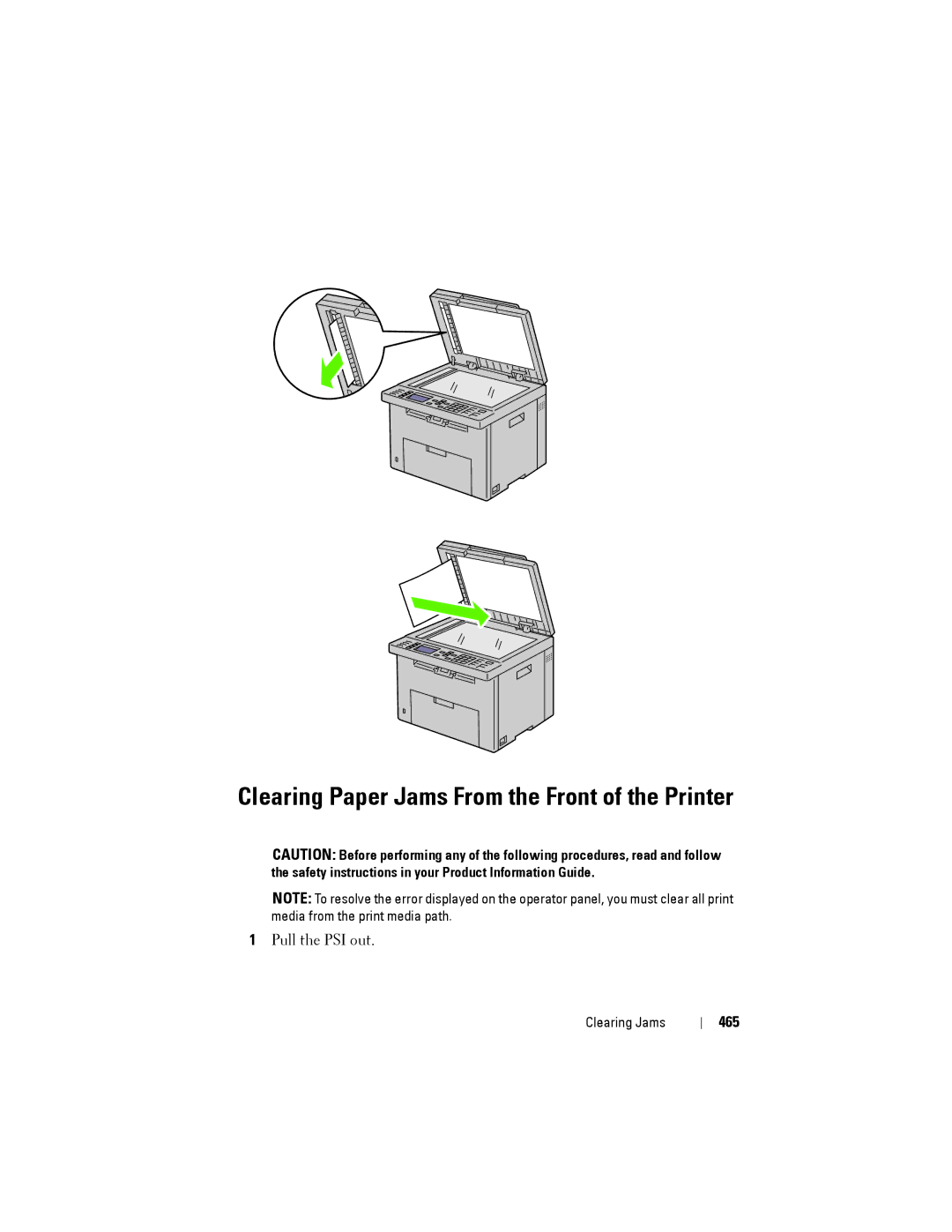 Dell 1355CN, 1355cnw manual Clearing Paper Jams From the Front of the Printer, 465 