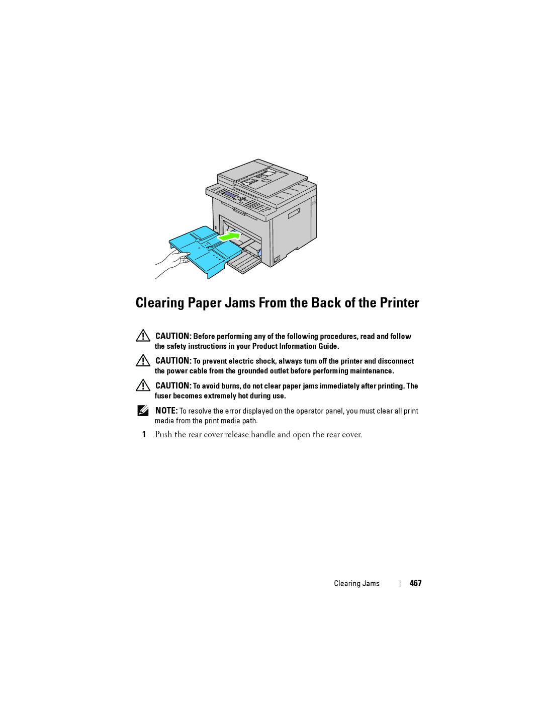 Dell 1355CN, 1355cnw manual Clearing Paper Jams From the Back of the Printer, 467 