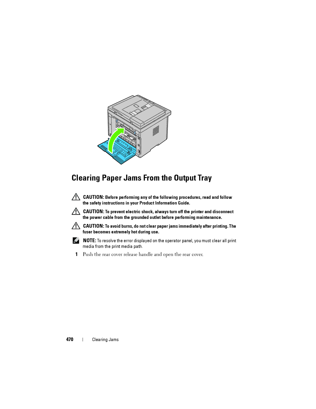 Dell 1355cnw, 1355CN manual Clearing Paper Jams From the Output Tray, 470 