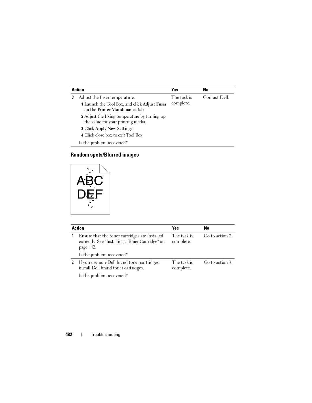 Dell 1355cnw, 1355CN manual Random spots/Blurred images, 482, Click Apply New Settings 