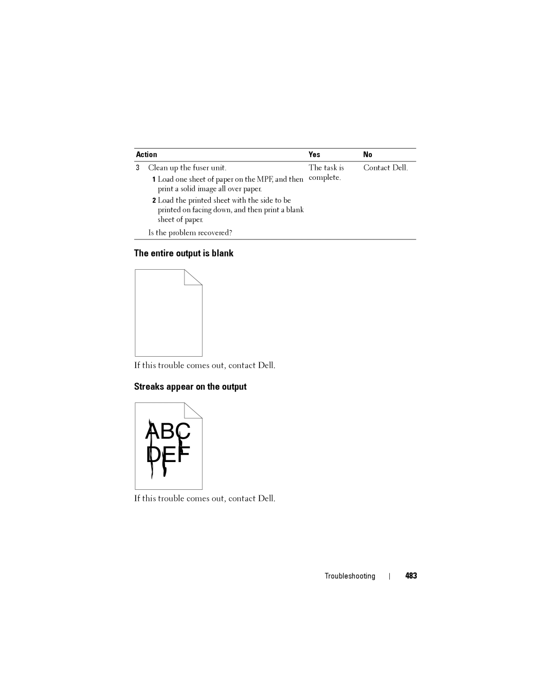 Dell 1355CN, 1355cnw manual Entire output is blank, Streaks appear on the output, 483 