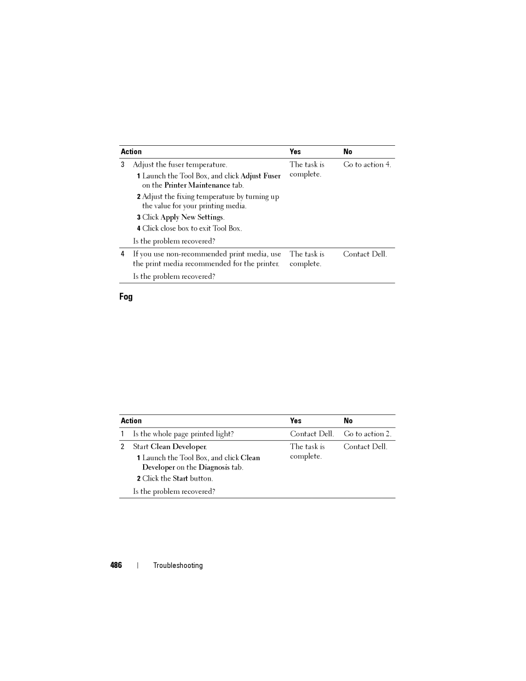 Dell 1355cnw, 1355CN manual Fog, 486, On the Printer Maintenance tab 