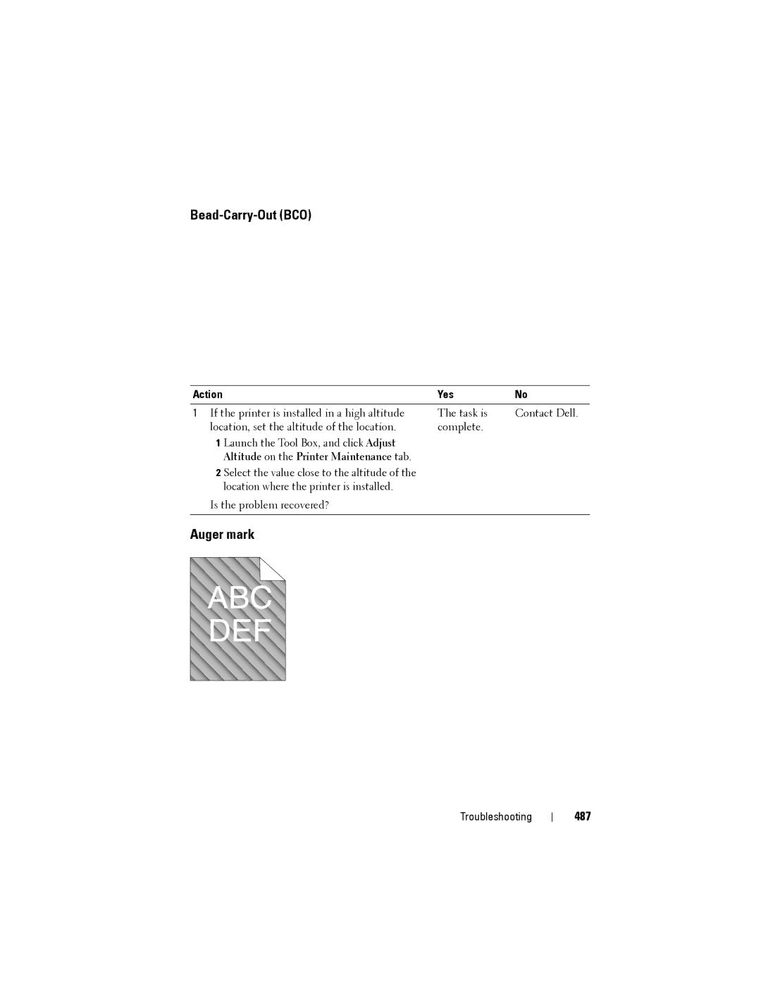 Dell 1355CN, 1355cnw manual Bead-Carry-Out BCO, Auger mark, 487, Altitude on the Printer Maintenance tab 