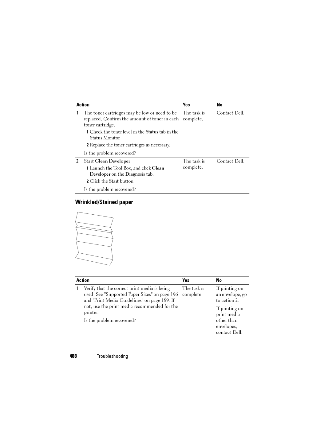 Dell 1355cnw, 1355CN manual Wrinkled/Stained paper, 488, Developer on the Diagnosis tab 