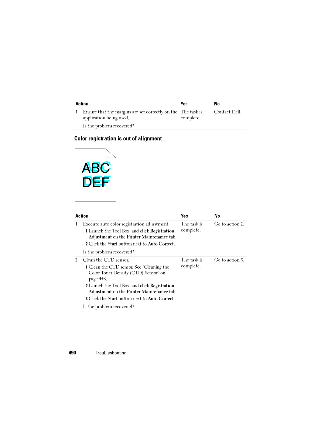 Dell 1355cnw, 1355CN manual Color registration is out of alignment, 490, Adjustment on the Printer Maintenance tab 