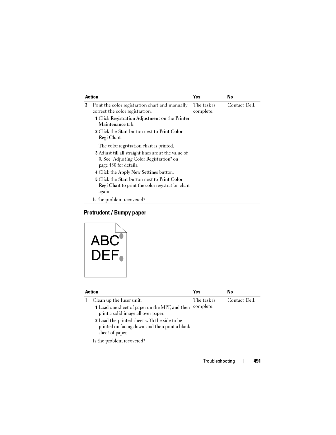 Dell 1355CN, 1355cnw manual Protrudent / Bumpy paper, 491, Maintenance tab, Click the Apply New Settings button 