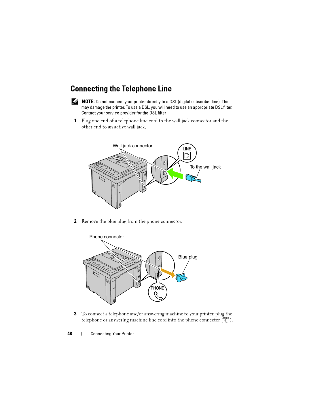 Dell 1355cnw, 1355CN manual Connecting the Telephone Line 