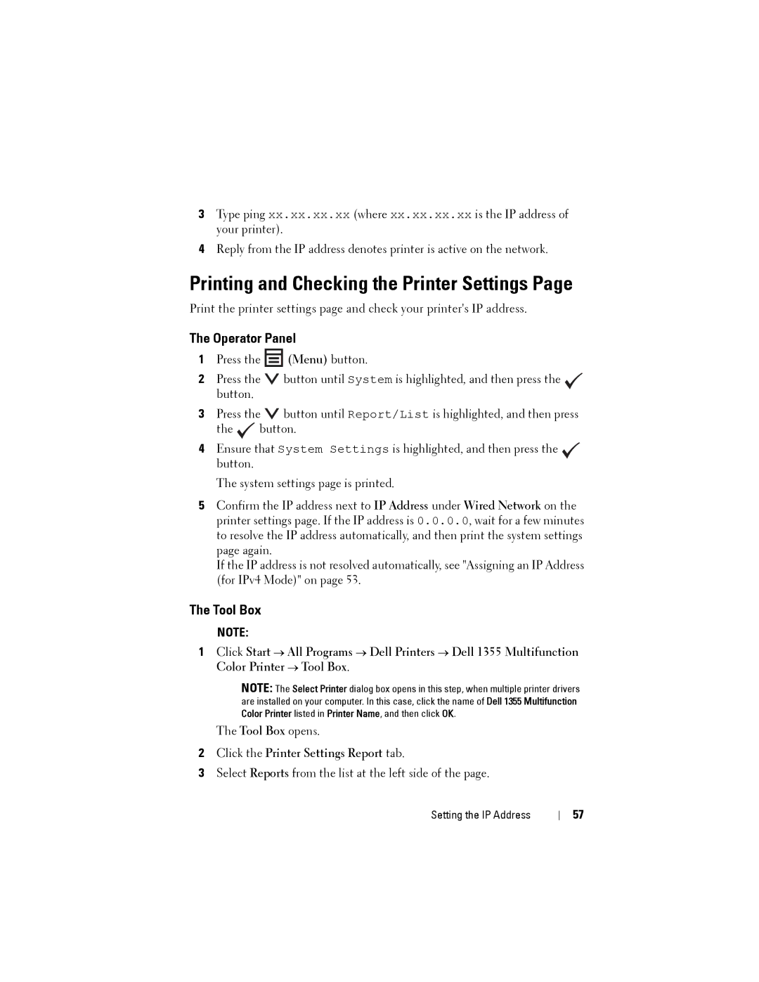 Dell 1355CN, 1355cnw manual Printing and Checking the Printer Settings, Click the Printer Settings Report tab 