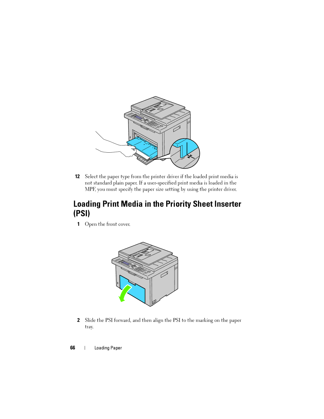 Dell 1355cnw, 1355CN manual Loading Print Media in the Priority Sheet Inserter PSI 