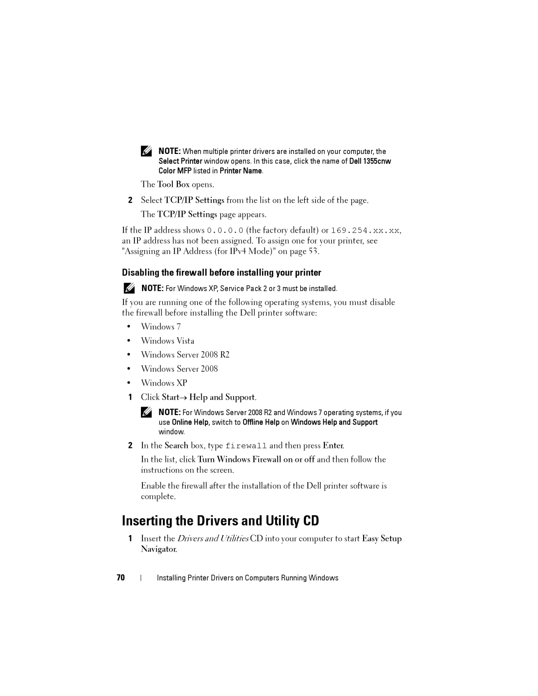 Dell 1355cnw, 1355CN manual Inserting the Drivers and Utility CD, Disabling the firewall before installing your printer 