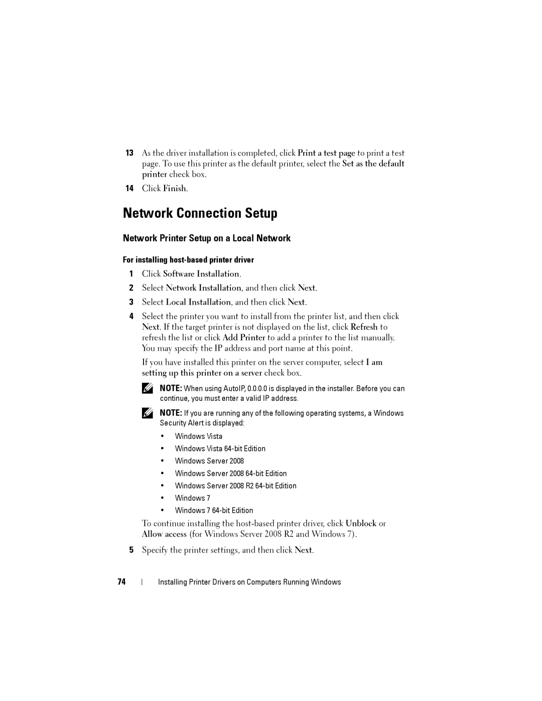 Dell 1355cnw Network Connection Setup, Network Printer Setup on a Local Network, For installing host-based printer driver 