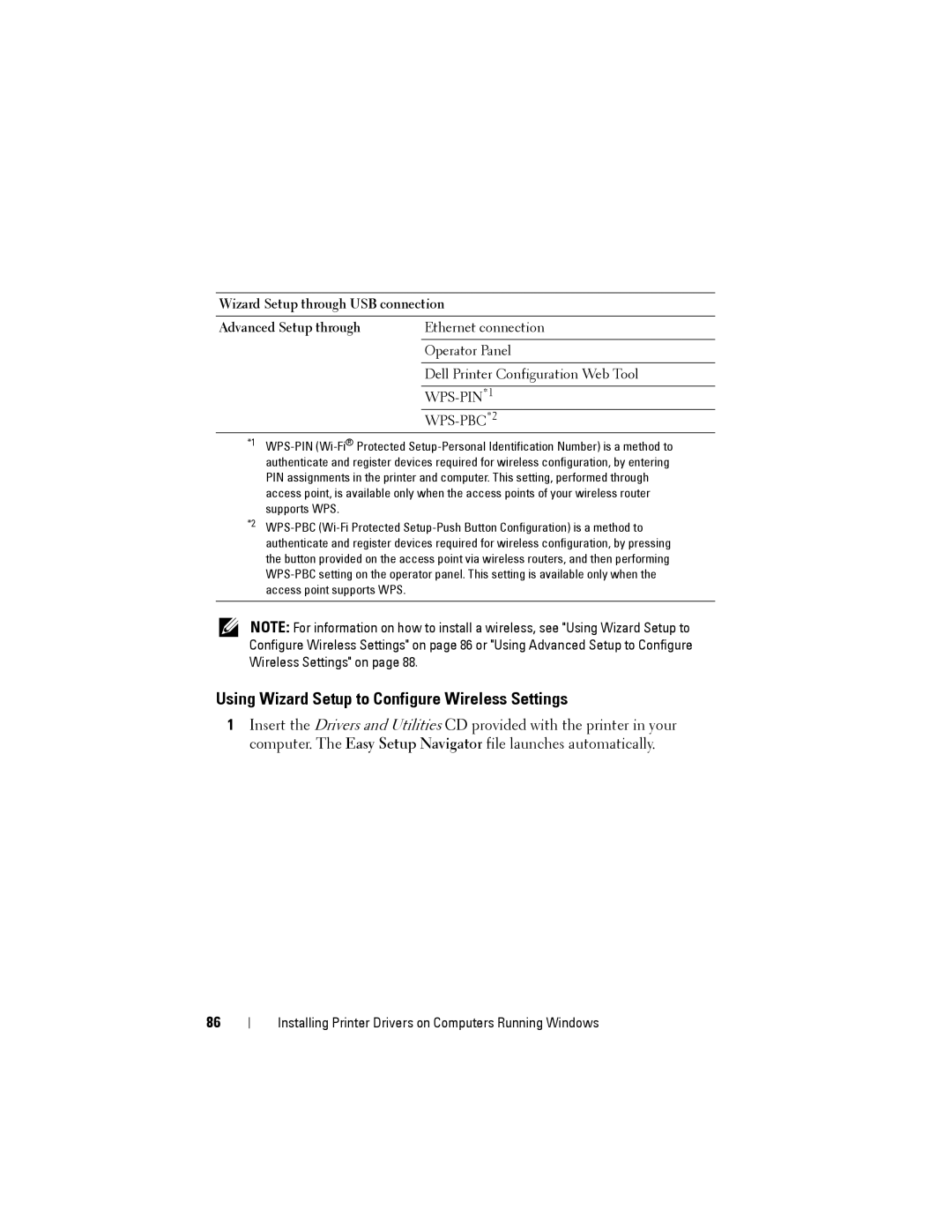 Dell 1355cnw Using Wizard Setup to Configure Wireless Settings, Wizard Setup through USB connection Advanced Setup through 