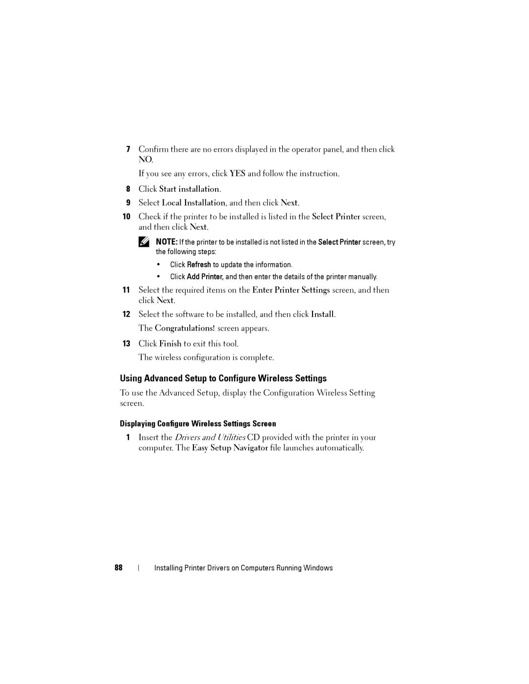 Dell 1355cnw, 1355CN manual Using Advanced Setup to Configure Wireless Settings, Click Start installation 