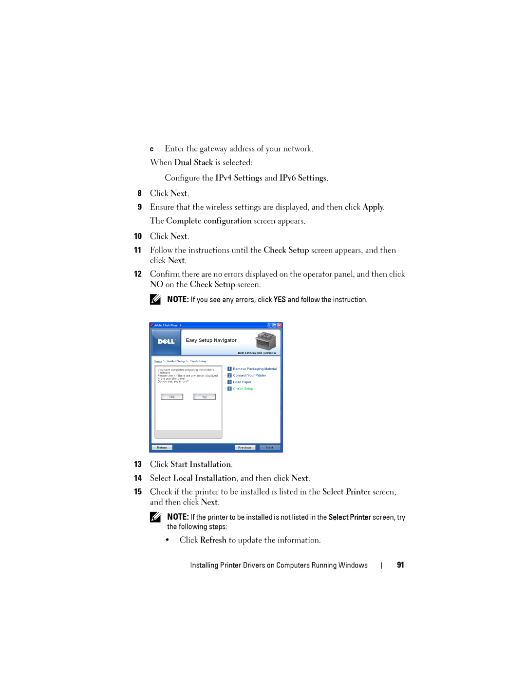 Dell 1355CN, 1355cnw manual Configure the IPv4 Settings and IPv6 Settings, Click Start Installation 