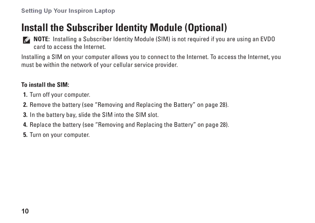 Dell 1370, P06S001, MV909 setup guide Install the Subscriber Identity Module Optional, To install the SIM 