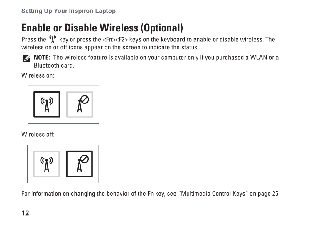 Dell 1370, P06S001, MV909 setup guide Enable or Disable Wireless Optional 