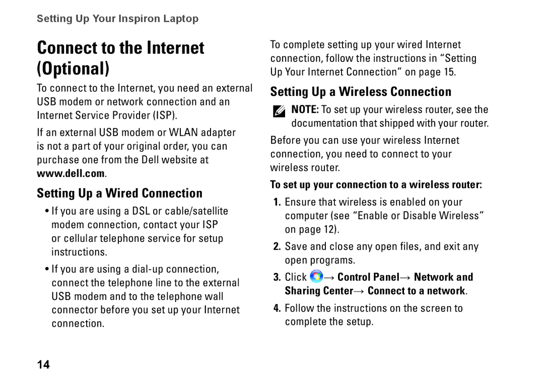 Dell 1370, P06S001, MV909 Connect to the Internet Optional, Setting Up a Wired Connection, Setting Up a Wireless Connection 