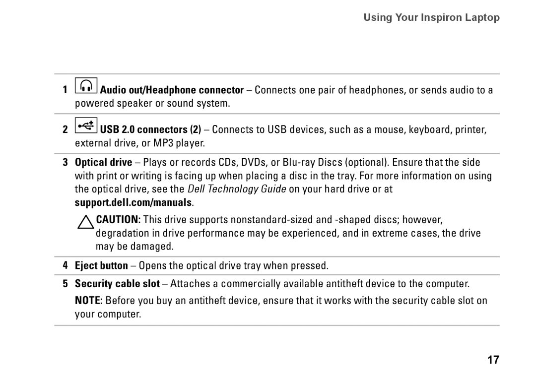 Dell MV909, 1370, P06S001 setup guide Using Your Inspiron Laptop 