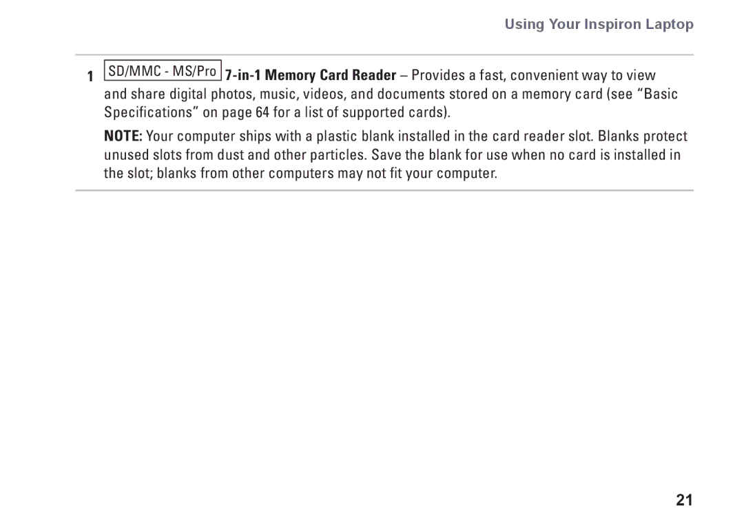 Dell MV909, 1370, P06S001 setup guide Using Your Inspiron Laptop 