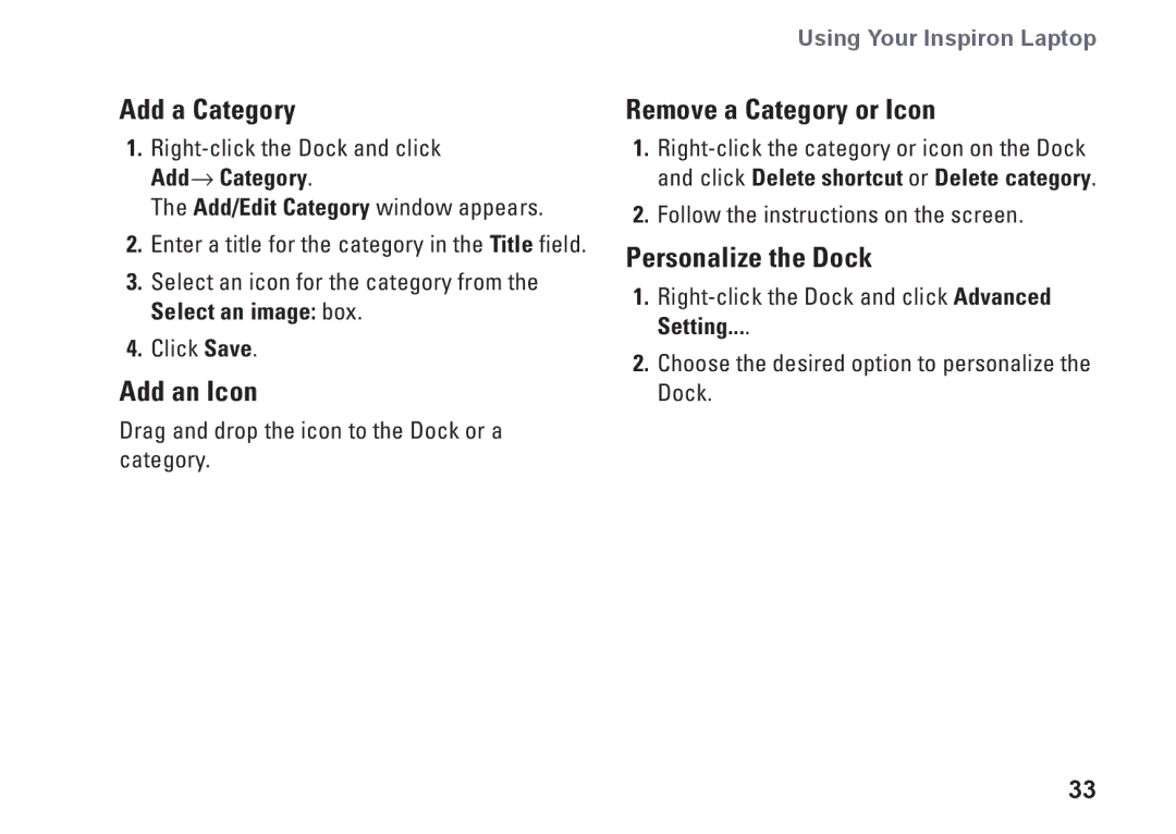 Dell MV909, 1370, P06S001 setup guide Add a Category, Add an Icon, Remove a Category or Icon, Personalize the Dock 