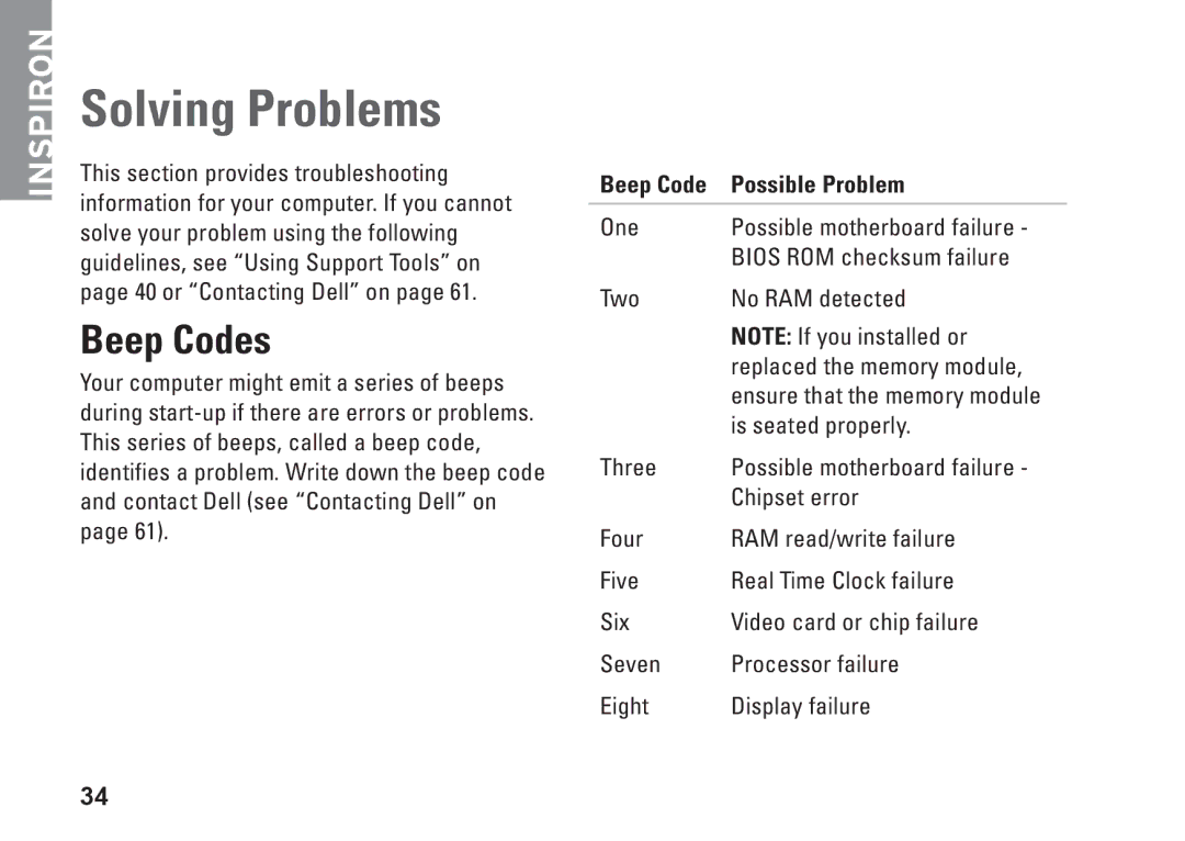 Dell 1370, P06S001, MV909 setup guide Solving Problems, Beep Codes, Beep Code Possible Problem 