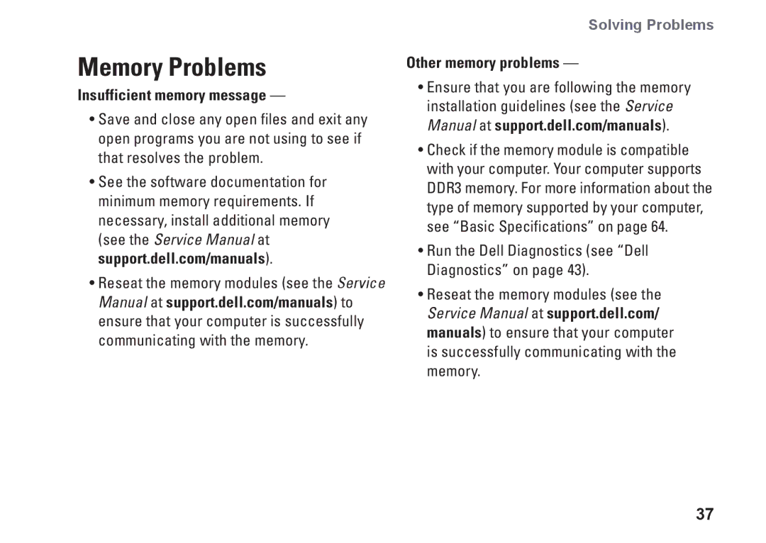 Dell MV909, 1370, P06S001 setup guide Memory Problems, Insufficient memory message, Other memory problems 